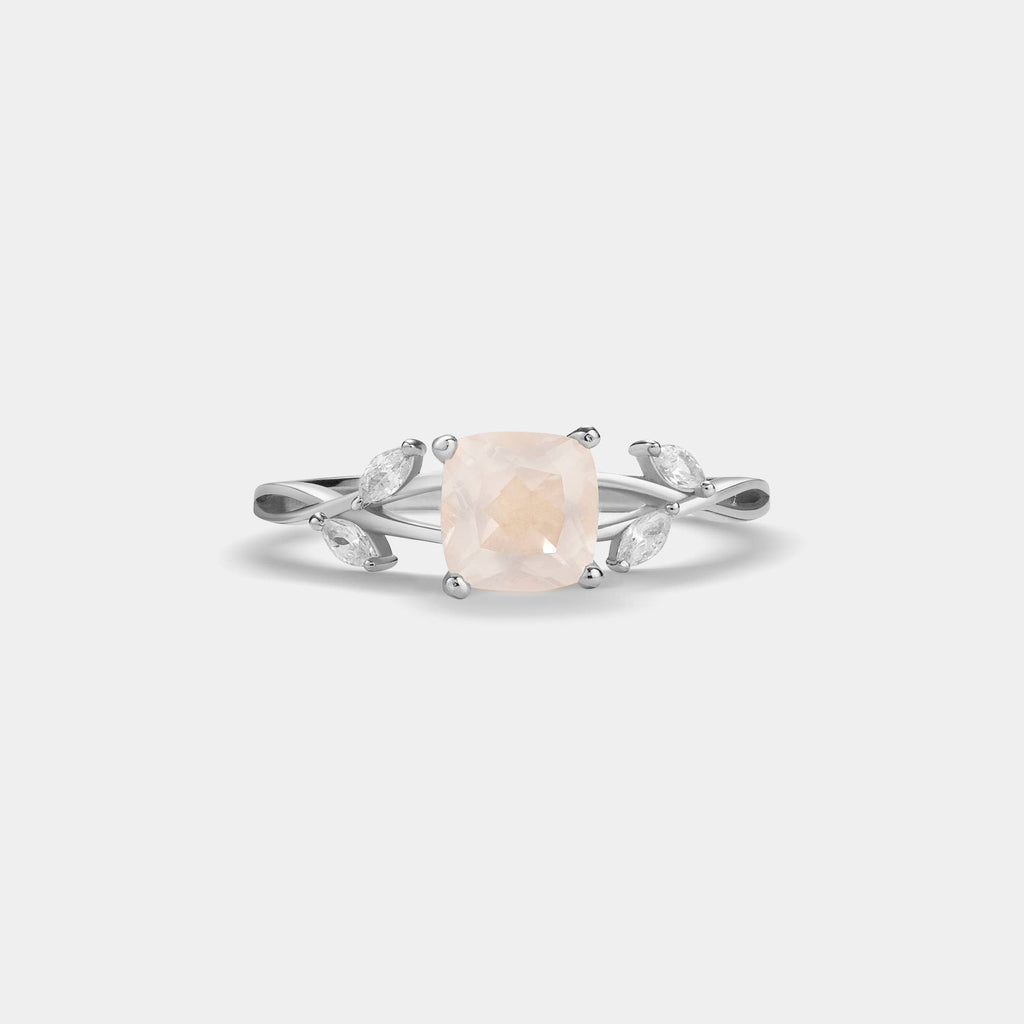 Pink Rose Quartz Leaf Stacking Ring in 925 Sterling Silver