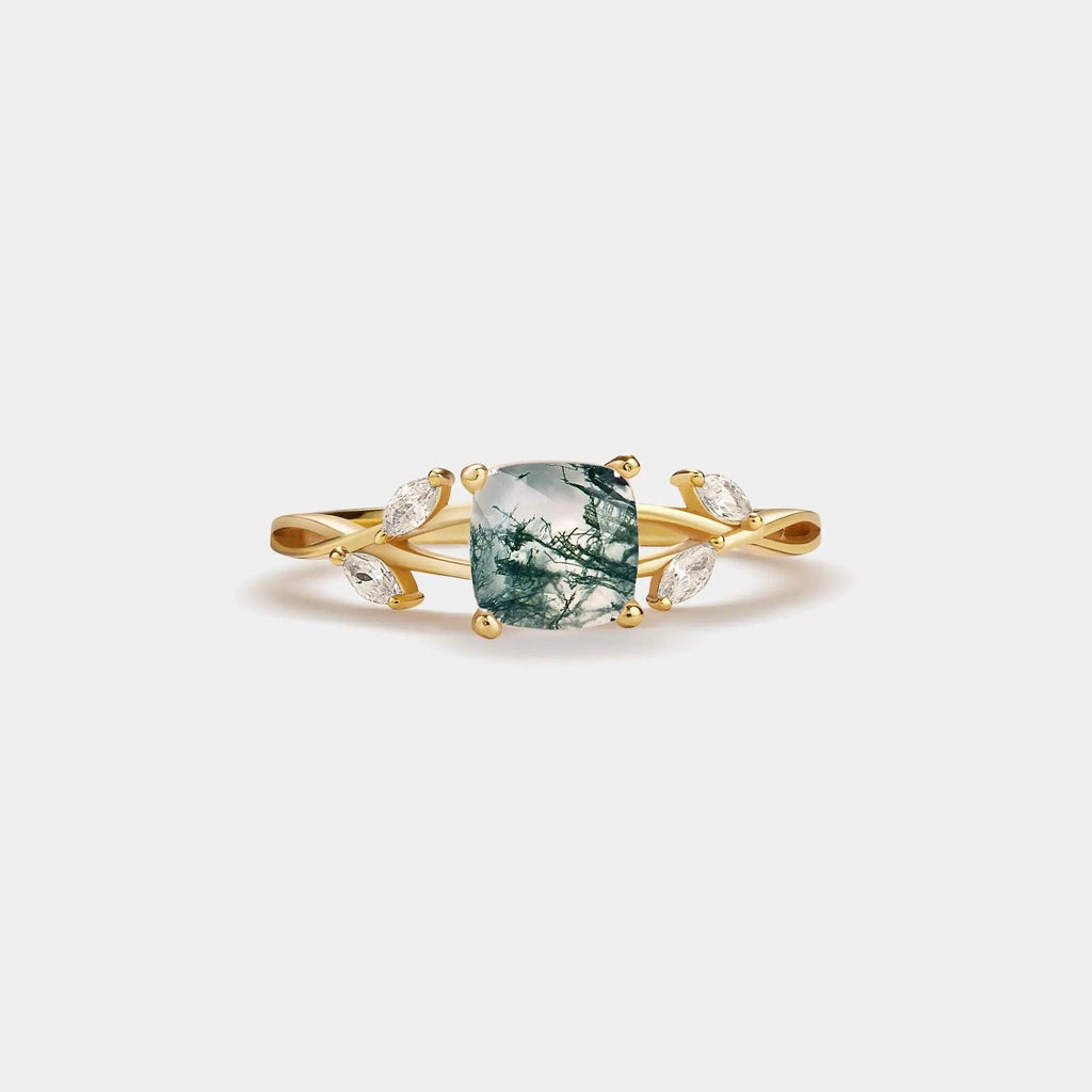 Natural Cushion Moss Agate Leaf Ring in 925 Sterling Silver