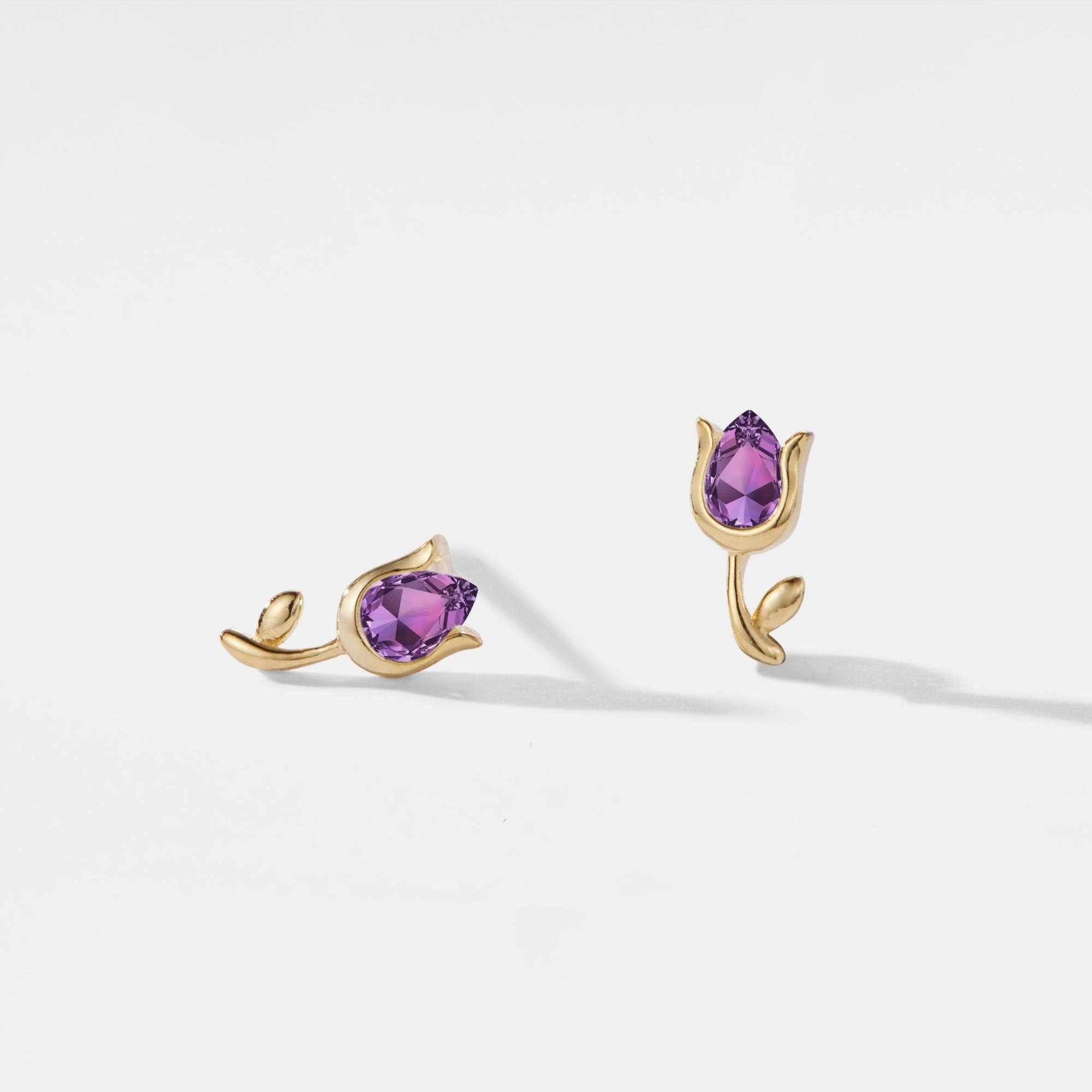 Tiny Amethyst Tulip Flower Earrings in 925 Sterling Silver