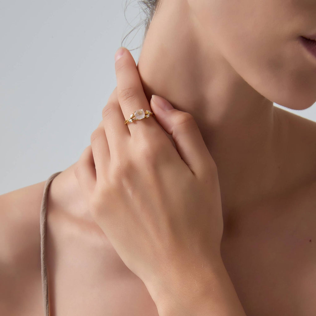 Pink Rose Quartz Leaf Stacking Ring in 925 Sterling Silver