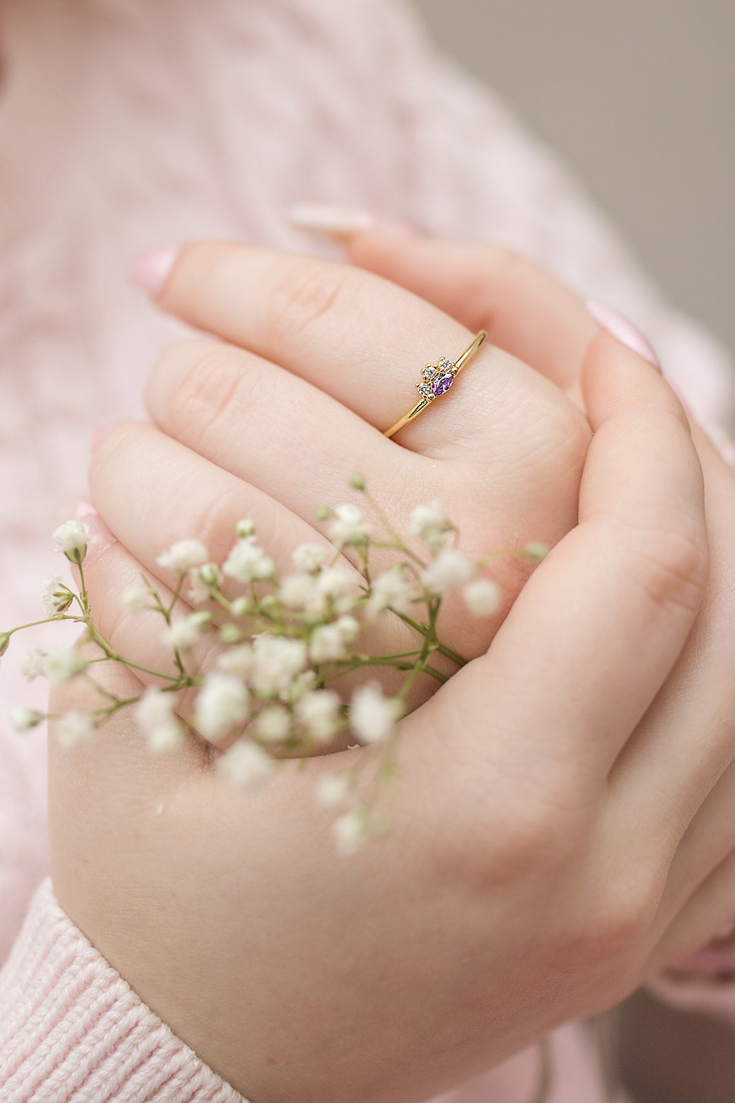 Delicate Crown Ring with Purple and White Stones