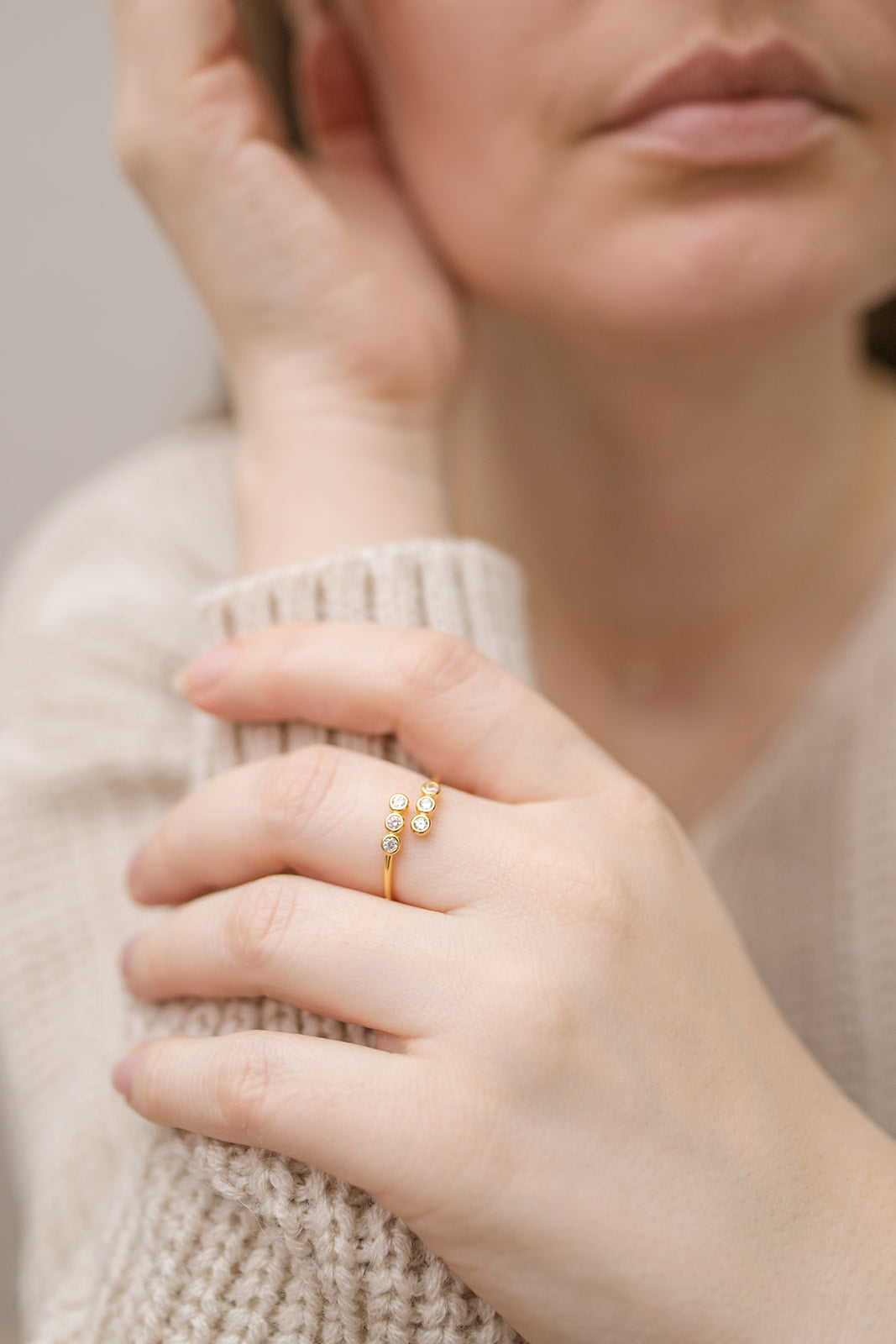 Adjustable Gold-Plated Ring with Six Round Stones