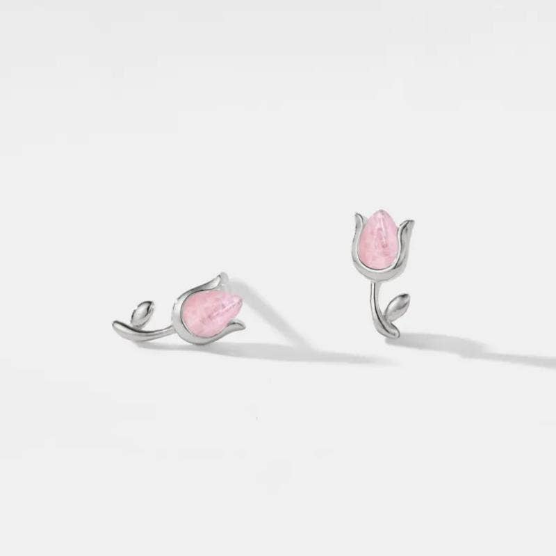 Tiny Rose Quartz Tulip Flower Earring in 925 Sterling Silver