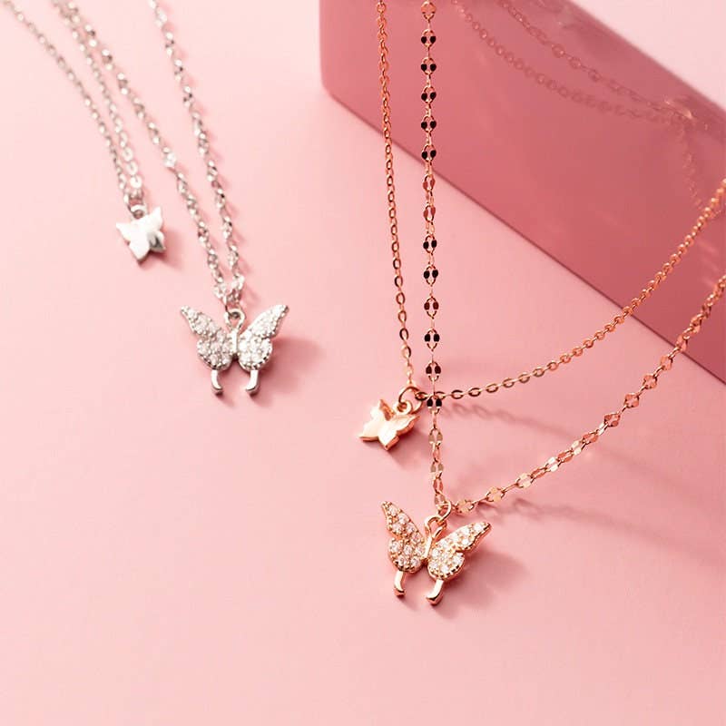 Butterfly Double Layering Necklace in 925 Sterling Silver
