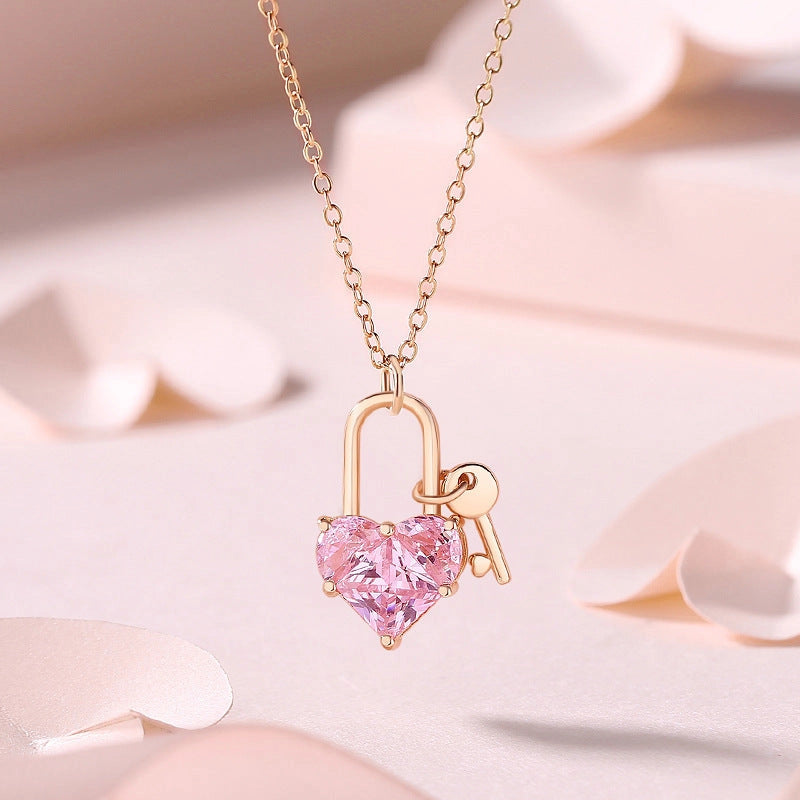 Pink Heart Lock Key Pendant Necklace