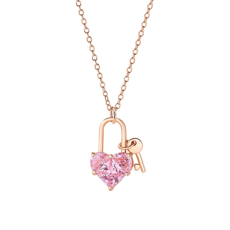 Pink Heart Lock Key Pendant Necklace