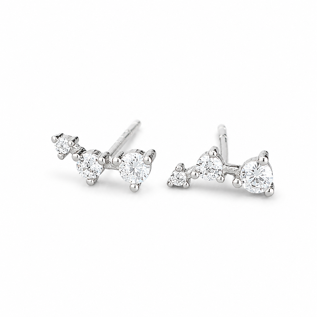 Geometric Three-Stone Arc Stud Earrings with Cubic Zirconia & 925 Sterling Silver