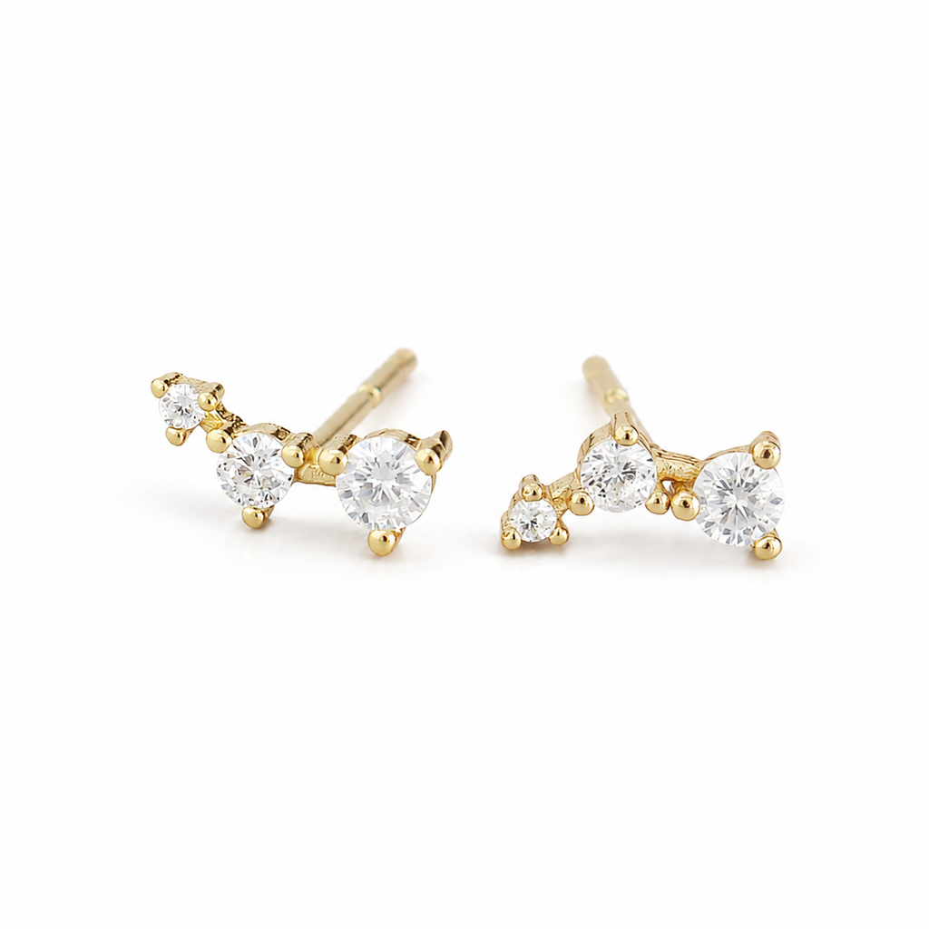 Geometric Three-Stone Arc Stud Earrings with Cubic Zirconia & 925 Sterling Silver