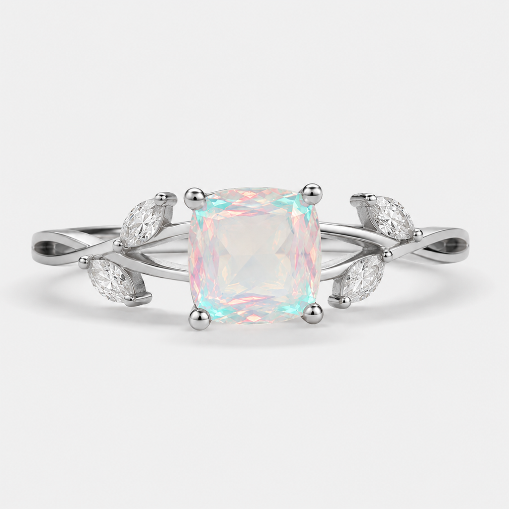 Cushion Moonstone Leaf Ring in 925 Sterling Silver