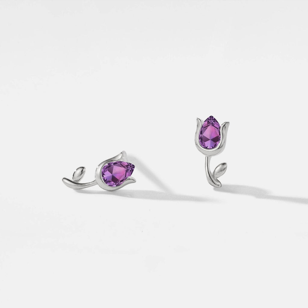 Tiny Amethyst Tulip Flower Earrings in 925 Sterling Silver