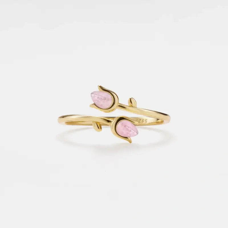 Rose Quartz Tulip Flower Bypass Ring in 925 Sterling Silver