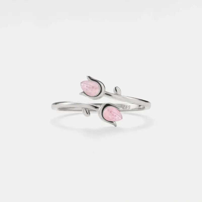 Rose Quartz Tulip Flower Bypass Ring in 925 Sterling Silver