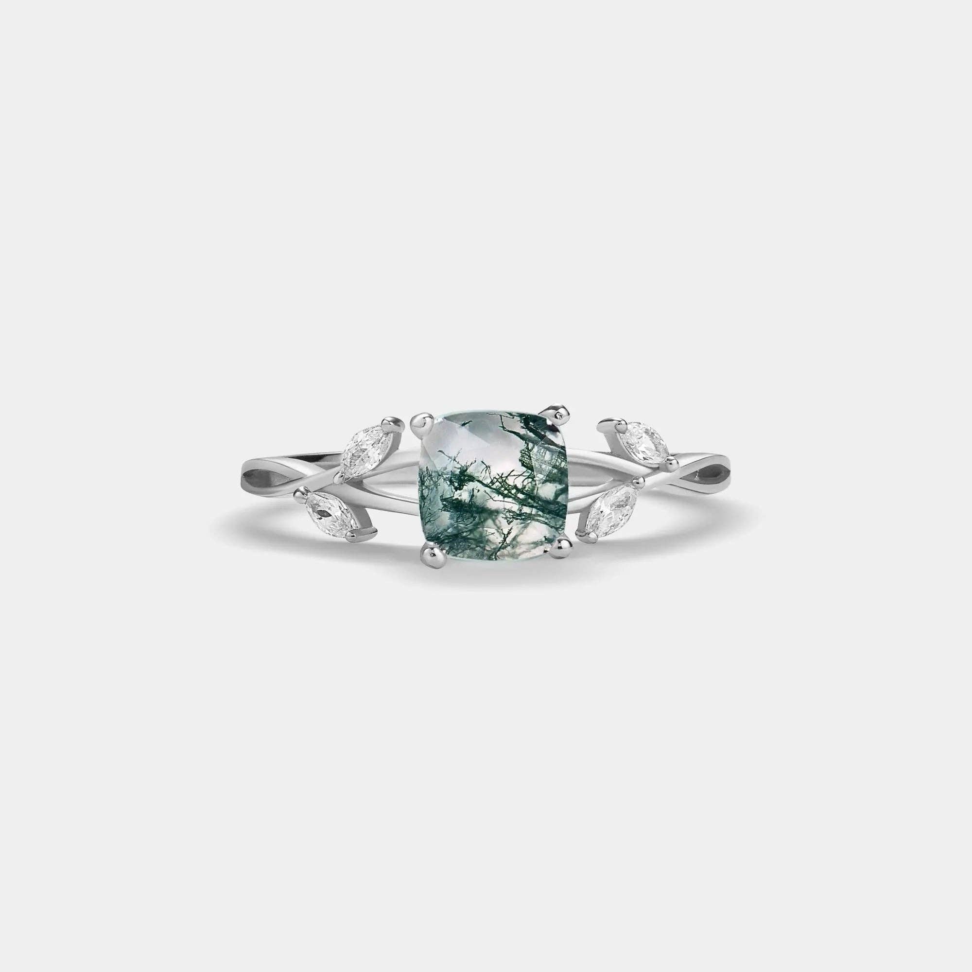 Natural Cushion Moss Agate Leaf Ring in 925 Sterling Silver
