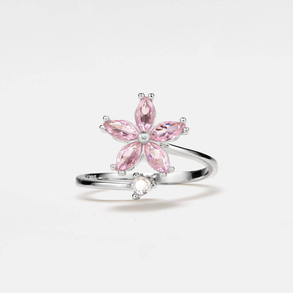Pink Flower Fidget Spinner Ring in 925 Sterling Silver