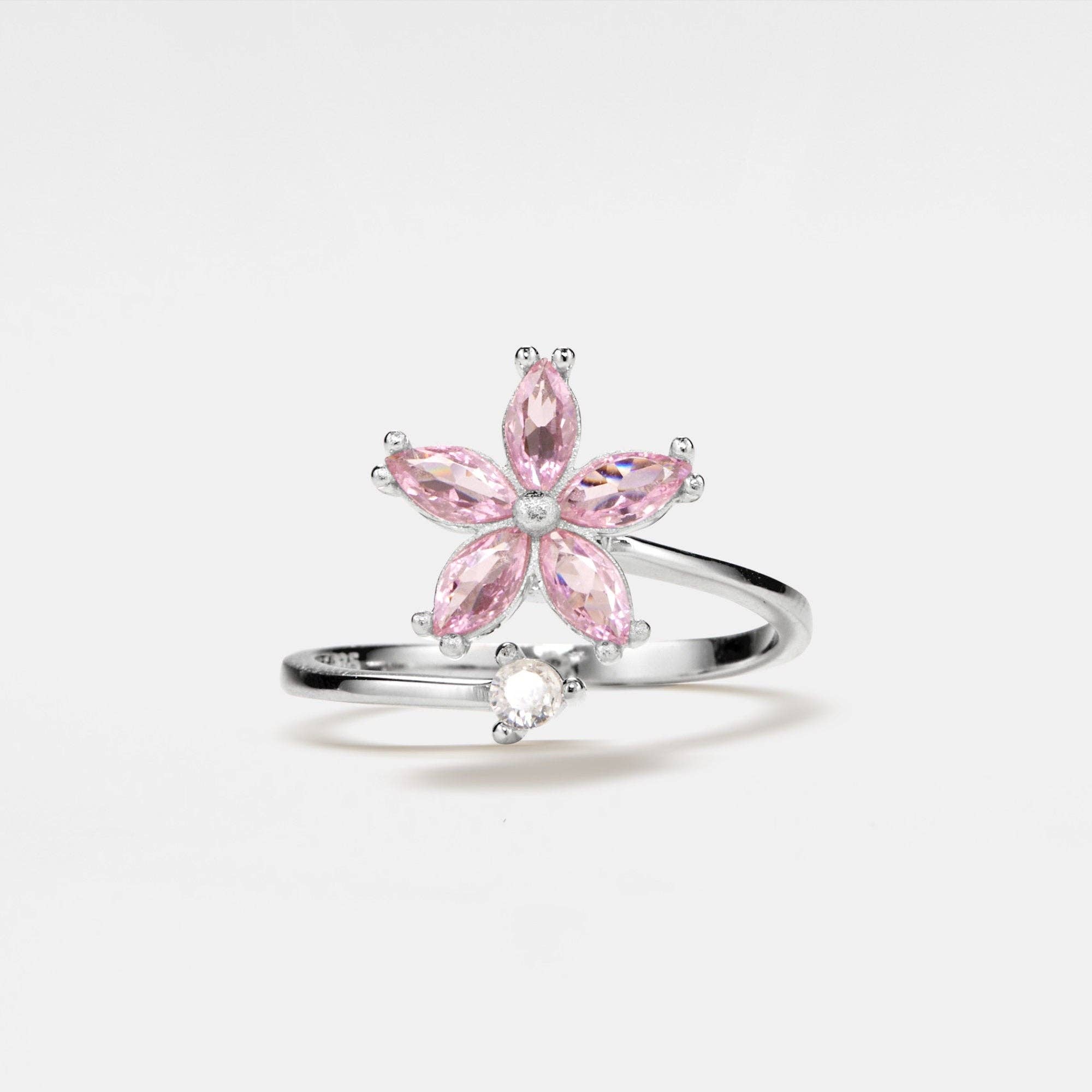 Pink Flower Fidget Spinner Ring in 925 Sterling Silver